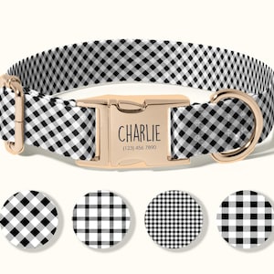 May include: A black and white gingham dog collar with a gold-colored buckle. The buckle is engraved with the name "Charlie" and a phone number. Four circular fabric swatches with different gingham patterns are below the collar.