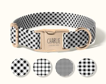 Personalized Dog Collar with Name, Custom Engraved Dog Collar, Adjustable Designer Collar in Black and White Check, Pet ID Collar(SD-078)
