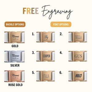 a collection of personalized buckle options for a strap, each with a different name engraved on it. The buckle options include "Name", "Lily", "Bella", "Cooper", "Gus", "Stella", and "Milo". The buckle options are presented in a grid format, with each option having a corresponding name and a unique number. The image does not contain any text that is too long or too vague, and it does not describe each individual buckle separately.
