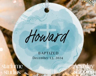 Personalized Boys Christening Ornament - Name + Date Custom Baptism Ornament - Boho Watercolor Christened Ornament Keepsake XM-311