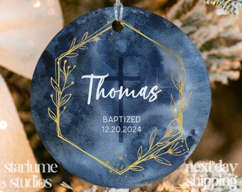Personalized Baptism Ornament - Baptism Keepsake - Name + Date Custom Baptized Ornament - Blue Watercolor Christened Ornament XM-052