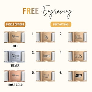 a collection of personalized buckle options for a strap, each with a different name engraved on it. The buckle options include "Name", "Lily", "Bella", "Cooper", "Gus", "Stella", and "Milo". The buckle options are presented in a grid format, with each option having a corresponding name and a unique number. The image does not contain any text that is too long or too vague, and it does not describe each individual buckle separately.