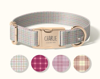May include: A pastel plaid dog collar with a gold-colored buckle. The collar is personalized with the name "Charlie" and a phone number. Four color options are displayed below the collar.