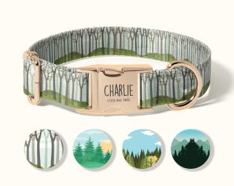 May include: A dog collar with a forest-themed design. The collar features a repeating pattern of trees in shades of green and gray. The gold-colored buckle is engraved with the name "Charlie" and a phone number. Four circular design options are displayed below.