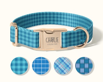 May include: A blue and turquoise plaid dog collar with a gold-colored buckle. The buckle is engraved with the name "Charlie" and a phone number. Four circular fabric swatches with different blue plaid patterns are below the collar.