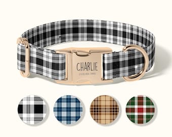 May include: A black and white plaid dog collar with a gold-colored buckle. The buckle is engraved with the name "Charlie" and a phone number. Four circular fabric swatches with different plaid patterns are shown below the collar.