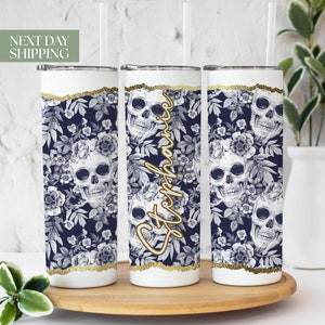 Floral Skulls Tumbler, Floral Skull Gifts, Skull Tumbler With Straw, Skull Cup With Lid and Straw, Skull Gifts For Women T-095