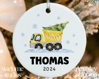 Kids Christmas Construction Truck Name Ornament - Personalized Christmas 2024 Kids Ornament - Custom Name and Year Boys Ornament XM-350