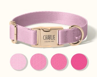 Personalized Dog Collar with Custom Engraved Name Plate, Adjustable Pet Collar in Pink, Durable Customized Dog Collar(SD-015)