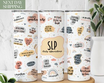 May include: Three white tumblers with colorful designs and positive affirmations. The tumblers feature phrases like "I radiate positivity", "I am a great learner", and "I handle my work day with ease".