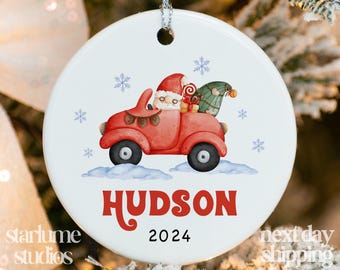 Kids Christmas Car Name Ornament - Personalized Christmas Kids Ornament - Christmas 2024 - Custom Name and Year Boys Ornament XM-349