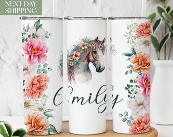 Floral Horse Tumbler with Name - Western Horse Tumbler Cup Gift for Horse Lover -Cute Horse Lover Tumbler Gift Idea for Cowgirl T-033