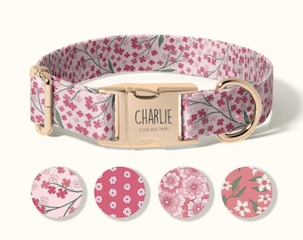 Personalized Dog Collar with Name, Custom Engraved Dog Collar, Floral Pink Adjustable Puppy Collar, Pet Name ID Tag Included(SD-052)