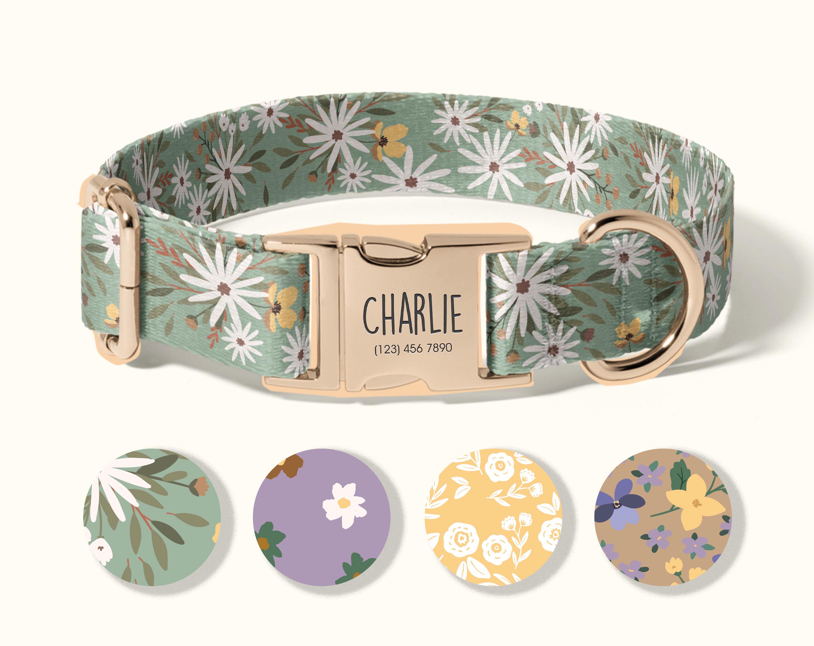 Personalized Dog Collar with Custom Engraved ID, Adjustable Floral Fabric Collar for Dogs, Durable Pet Collar with Engraving(SD-014)