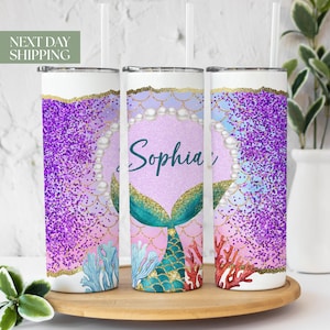 Glitter Mermaid Tumbler With Name - Mermaid Tail Tumbler with Straw Gift For Her - Mermaid Scale Tumbler Gift for Mermaid Lover T-026