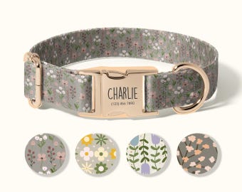 May include: A floral dog collar with a gold-colored buckle. The collar is gray with a pattern of small pink and white flowers. The name "Charlie" and a phone number are printed on the buckle. Four circular fabric samples with different floral patterns are below the collar.