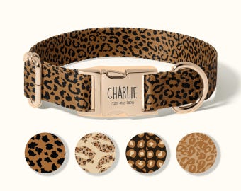 Personalized Dog Collar with Name Plate, Custom Engraved Dog Collar, Adjustable Leopard Print Collar, Durable Pet Collar with ID Tag(SD-050)