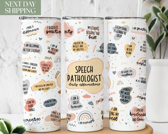 May include: Four white tumblers with colorful designs and positive affirmations for speech pathologists. The tumblers feature rainbows, hearts, and other fun patterns. The text on the tumblers includes phrases like "I make a difference", "I radiate positivity", "My clients deserve the best", "Everything is gonna be okay", and "I am grateful".
