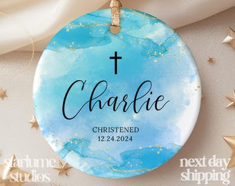 Personalized Christening Ornament - Name + Date Custom Baptism Ornament - Blue Watercolor Christened Ornament Keepsake XM-302