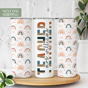 Teacher Name Tumbler - Cheetah Print Tumbler For School Teacher - Boho Teacher Rainbow Tumbler - Cute Teacher Appreciation Gift T-020