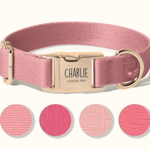 May include: A pink dog collar with a gold-colored buckle and ring. The buckle is engraved with the name "Charlie" and a phone number. Four pink fabric swatch samples are below the collar.
