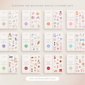 May include: A set of 10 digital sticker sets featuring various themes, including everyday, manifest, fitness, clean girl, black queen, girl boss, student, travel, pet mom, autumn, Christmas, and spring. Each set includes a variety of colorful illustrations and text.