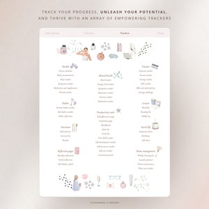 May include: A printable planner page with a list of 10 categories of trackers, including health, mental health, habits, nutrition, reflection pages, productivity tools, finance, leisure, social life, and home management. The page is illustrated with watercolor drawings of various objects, such as a camera, a glass of wine, a pair of glasses, and a bottle of perfume.