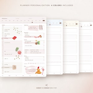May include: A pink and white daily planner with a Christmas theme. The planner has sections for daily schedule, today's tasks, top priorities, to do, my day, and notes. The planner also includes a calendar, trackers, and notes sections. The planner has a Sunday and Monday week start.