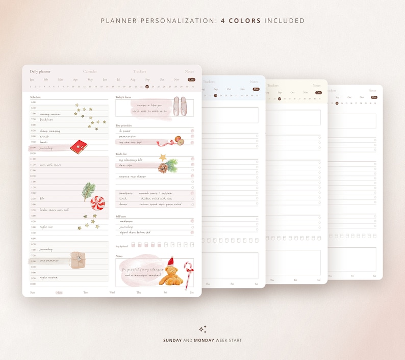 May include: A pink and white daily planner with a Christmas theme. The planner has sections for daily schedule, today's tasks, top priorities, to do, my day, and notes. The planner also includes a calendar, trackers, and notes sections. The planner has a Sunday and Monday week start.