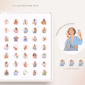 K&ouml;nnte beinhalten: Set mit 36 digitalen Illustrationen, die Frauen in verschiedenen Posen zeigen, darunter das Halten eines Weinglases, die Verwendung eines Telefons und das Lesen eines Buches. Die Illustrationen sind im Cartoon-Stil gehalten und haben ein rosa-wei&szlig;es Farbschema. Die Illustrationen sind mit transparenten und farbigen Hintergr&uuml;nden verf&uuml;gbar.