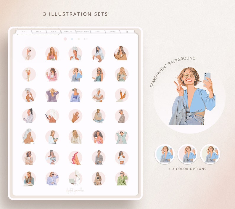 K&ouml;nnte beinhalten: Set mit 36 digitalen Illustrationen, die Frauen in verschiedenen Posen zeigen, darunter das Halten eines Weinglases, die Verwendung eines Telefons und das Lesen eines Buches. Die Illustrationen sind im Cartoon-Stil gehalten und haben ein rosa-wei&szlig;es Farbschema. Die Illustrationen sind mit transparenten und farbigen Hintergr&uuml;nden verf&uuml;gbar.