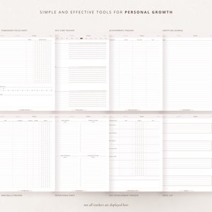 May include: A printable set of personal growth trackers, including a Pomodoro focus sheet, self-care tracker, achievements tracker, gratitude journal, new skills tracker, prioritizing sheet, self-development tracker, and ideas list. The trackers are designed to help people achieve their goals and improve their lives.