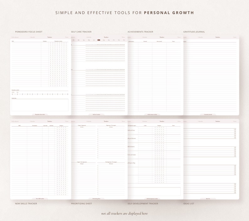 May include: A printable set of personal growth trackers, including a Pomodoro focus sheet, self-care tracker, achievements tracker, gratitude journal, new skills tracker, prioritizing sheet, self-development tracker, and ideas list. The trackers are designed to help people achieve their goals and improve their lives.