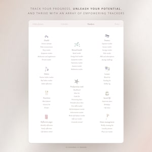 May include: A printable chart with a list of 10 categories of trackers for personal development. The categories include health, mental health, habits, nutrition, productivity tools, reflection pages, finance, leisure, social life, and home management. The chart includes a title that reads "Track your progress, unleash your potential, and thrive with an array of empowering trackers."