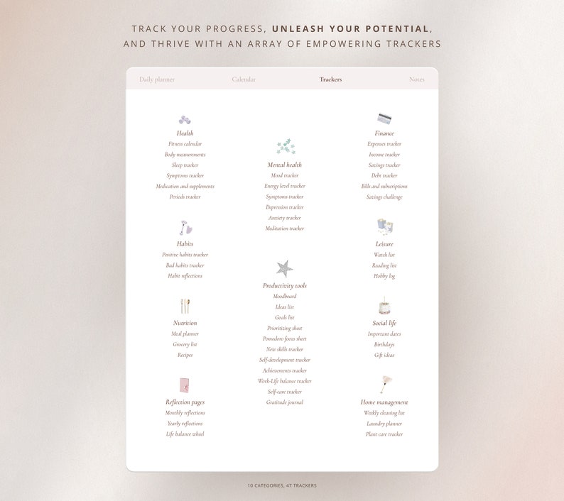 May include: A printable chart with a list of 10 categories of trackers for personal development. The categories include health, mental health, habits, nutrition, productivity tools, reflection pages, finance, leisure, social life, and home management. The chart includes a title that reads "Track your progress, unleash your potential, and thrive with an array of empowering trackers."