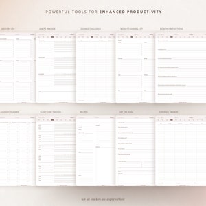 May include: A set of printable productivity trackers with titles such as Grocery List, Habits Tracker, Savings Challenge, Weekly Cleaning List, Monthly Reflections, Laundry Planner, Plant Care Tracker, Recipes, Set the Goal, and Expenses Tracker. The trackers are designed to help users stay organized and on track with their goals.