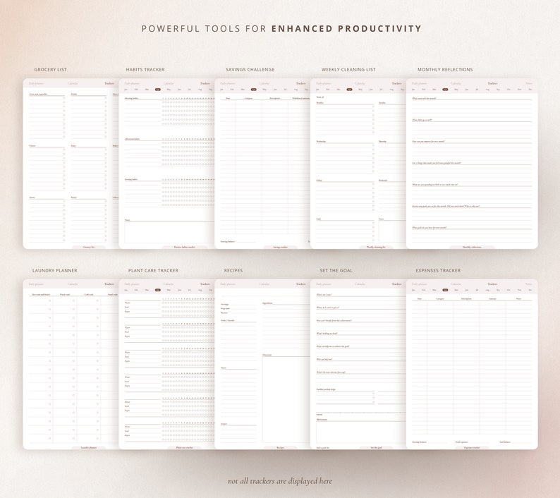May include: A set of printable productivity trackers with titles such as Grocery List, Habits Tracker, Savings Challenge, Weekly Cleaning List, Monthly Reflections, Laundry Planner, Plant Care Tracker, Recipes, Set the Goal, and Expenses Tracker. The trackers are designed to help users stay organized and on track with their goals.