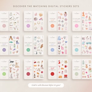 May include: A set of 10 digital sticker sets featuring various themes, including everyday, manifest, fitness, clean girl, black queen, girl boss, student, travel, pet mom, autumn, Christmas, and spring. Each set includes a variety of colorful illustrations and text.