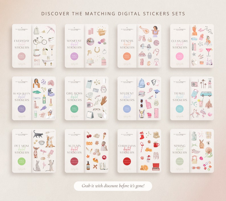 May include: A set of 10 digital sticker sets featuring various themes, including everyday, manifest, fitness, clean girl, black queen, girl boss, student, travel, pet mom, autumn, Christmas, and spring. Each set includes a variety of colorful illustrations and text.