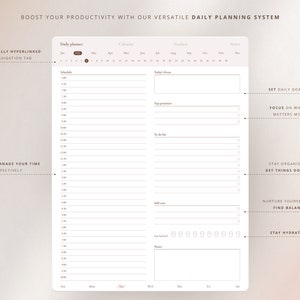 May include: A printable daily planner with a calendar, trackers, and notes sections. The planner includes sections for scheduling, top priorities, to-do list, self-care, and stay hydrated. The planner also includes motivational quotes such as "Set daily goals", "Focus on what matters most", "Stay organized", "Get things done", "Nurture yourself", "Find balance".