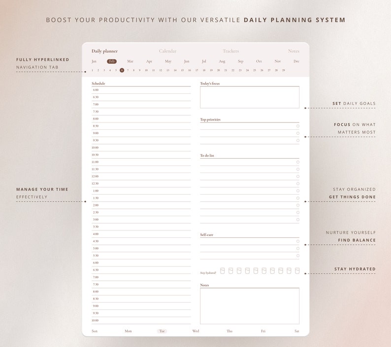 May include: A printable daily planner with a calendar, trackers, and notes sections. The planner includes sections for scheduling, top priorities, to-do list, self-care, and stay hydrated. The planner also includes motivational quotes such as "Set daily goals", "Focus on what matters most", "Stay organized", "Get things done", "Nurture yourself", "Find balance".
