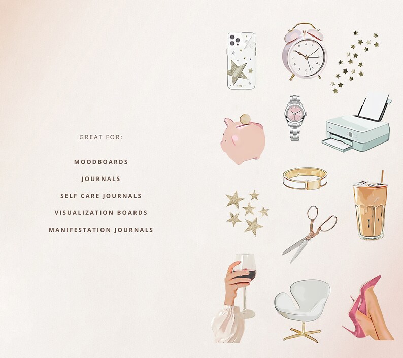 K&ouml;nnte beinhalten: Eine Sammlung von Gegenst&auml;nden zum Erstellen von Moodboards, Tageb&uuml;chern und Vision Boards. Die Gegenst&auml;nde umfassen ein rosa Sparschwein, eine wei&szlig;e Handyh&uuml;lle mit goldenen Sternen, einen wei&szlig;en Wecker, einen wei&szlig;en Drucker, ein goldenes Armband, eine Schere, ein Glas Eiskaffee, ein Glas Rotwein, einen wei&szlig;en Stuhl und ein Paar rosa High Heels.