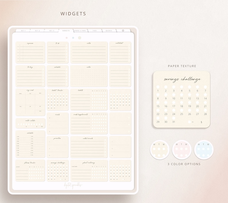 K&ouml;nnte beinhalten: Eine druckbare digitale Planerseite mit beigefarbenem Hintergrund und einer Reihe von Widgets zur Organisation von Aufgaben, Zeitpl&auml;nen und Finanzen. Die Widgets umfassen eine To-Do-Liste, einen Habit-Tracker, einen Mood-Tracker, eine Sparherausforderung und einen Meal-Planner. Die Seite enth&auml;lt auch einen Kalender und einen Bereich f&uuml;r Notizen. Der Text "WIDGETS" befindet sich oben auf der Seite. Der Text "PAPER TEXTURE" befindet sich oben rechts auf der Seite. Der Text "savings challenge" befindet sich in der Mitte der Seite. Der Text "3 COLOR OPTIONS" befindet sich unten auf der Seite.