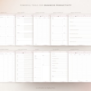May include: A set of printable productivity trackers with titles such as Grocery List, Habits Tracker, Savings Challenge, Weekly Cleaning List, Monthly Reflections, Laundry Planner, Plant Care Tracker, Recipes, Set the Goal, and Expenses Tracker. The trackers are designed to help users stay organized and on track with their goals.