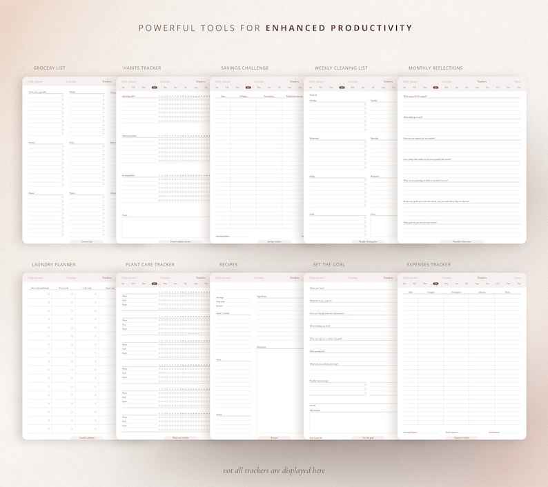 May include: A set of printable productivity trackers with titles such as Grocery List, Habits Tracker, Savings Challenge, Weekly Cleaning List, Monthly Reflections, Laundry Planner, Plant Care Tracker, Recipes, Set the Goal, and Expenses Tracker. The trackers are designed to help users stay organized and on track with their goals.