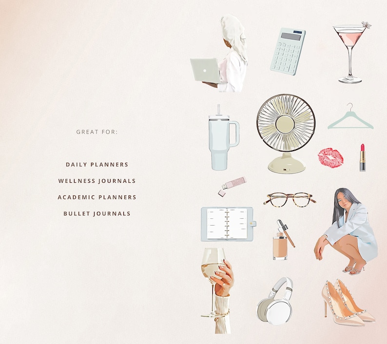 K&ouml;nnte beinhalten: Eine Sammlung bunter Illustrationen verschiedener Gegenst&auml;nde, darunter ein Laptop, ein Ventilator, ein Glas Wein, eine Brille, ein Paar High Heels, Kopfh&ouml;rer, Lippenstift, ein Kleiderb&uuml;gel, ein Becher, ein Taschenrechner, ein Martini-Glas, ein Planer und eine Frau in einem wei&szlig;en Blazer. Der Text "GREAT FOR:" steht in Schwarz oben im Bild, gefolgt von einer Liste von Gegenst&auml;nden: "DAILY PLANNERS, WELLNESS JOURNALS, ACADEMIC PLANNERS, BULLET JOURNALS".