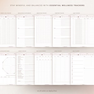 May include: A set of printable wellness trackers for tracking energy levels, medication, meditation, symptoms, sleep, life balance, anxiety, body measurements, mood, and meal planning. The trackers are designed to help people stay mindful and balanced.
