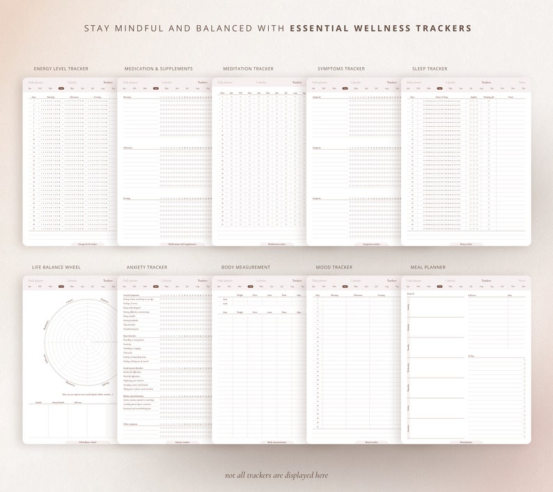 May include: A set of printable wellness trackers for tracking energy levels, medication, meditation, symptoms, sleep, life balance, anxiety, body measurements, mood, and meal planning. The trackers are designed to help people stay mindful and balanced.