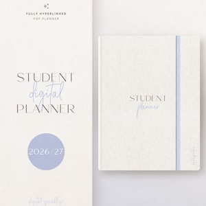 Puede incluir: Una agenda digital para estudiantes de color beige claro con cubierta texturizada, que presenta el texto "STUDENT planner" en letra cursiva azul. Una banda elástica vertical de color azul claro asegura la cubierta y un círculo azul muestra "2026/27".