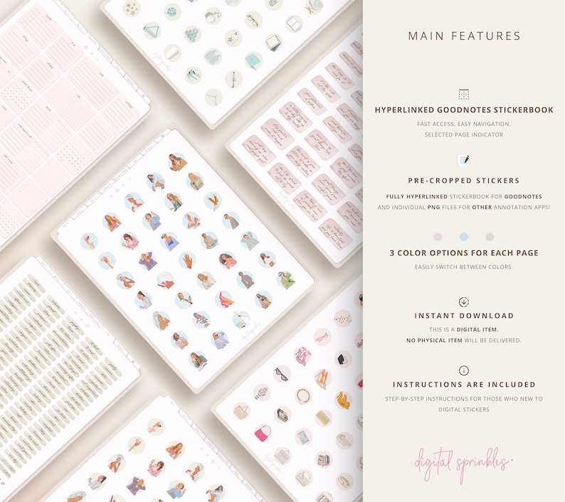 K&ouml;nnte beinhalten: Ein digitales Stickerbuch f&uuml;r Goodnotes mit vorgefertigten Stickern, drei Farboptionen f&uuml;r jede Seite und sofortigem Download. Das Stickerbuch enth&auml;lt eine Vielzahl von Illustrationen, darunter Personen, Modeaccessoires und andere Designs. Der Text "digital sprinkles." ist im Bild enthalten.